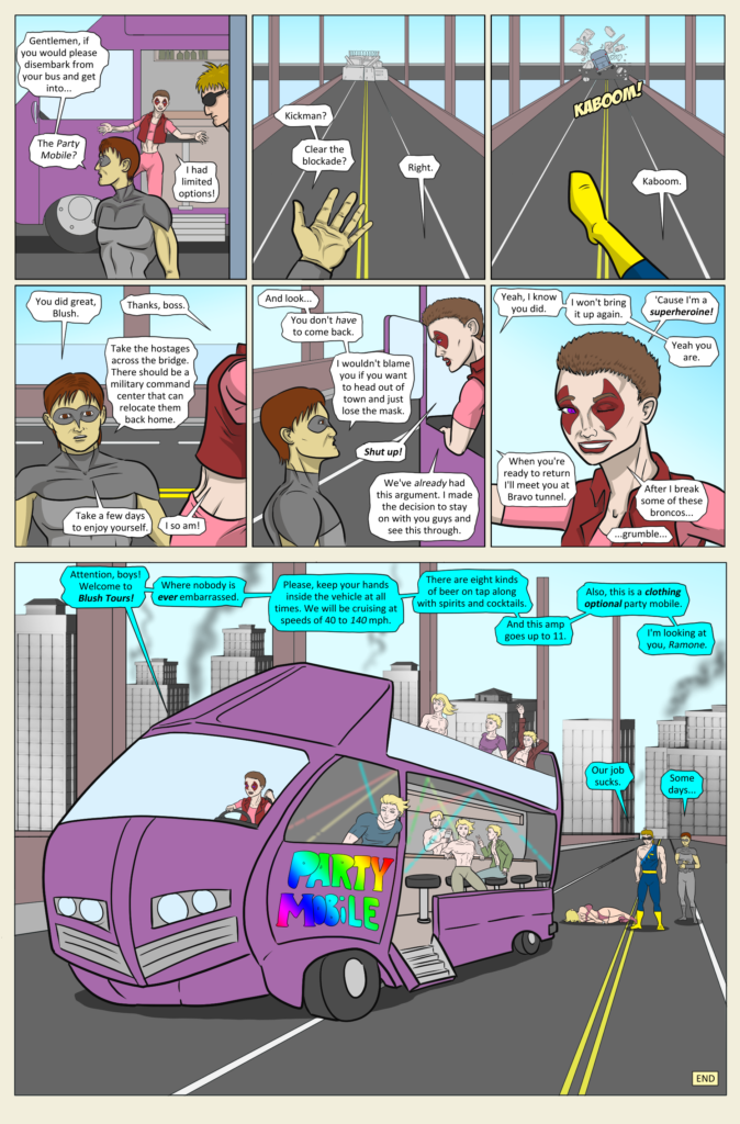 Blush goes riding off into the sunset with a busload of male models